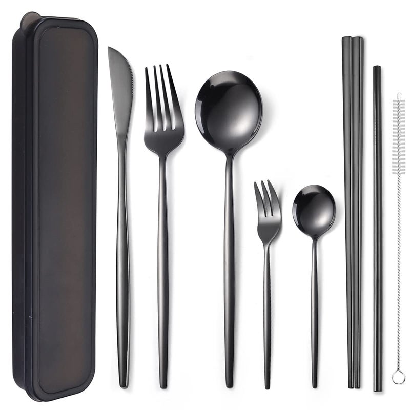 AARAINBOW 8 Pieces Stainless Steel Flatware Set Portable Reusable Cutlery Set Travel Utensils Set Including Chopsticks Knife Fork Spoon Straws Cleaning Brush Dishwasher Safe (Black) - Image 1